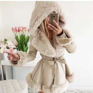Women's Beige Faux Fur Trim Hooded Coat